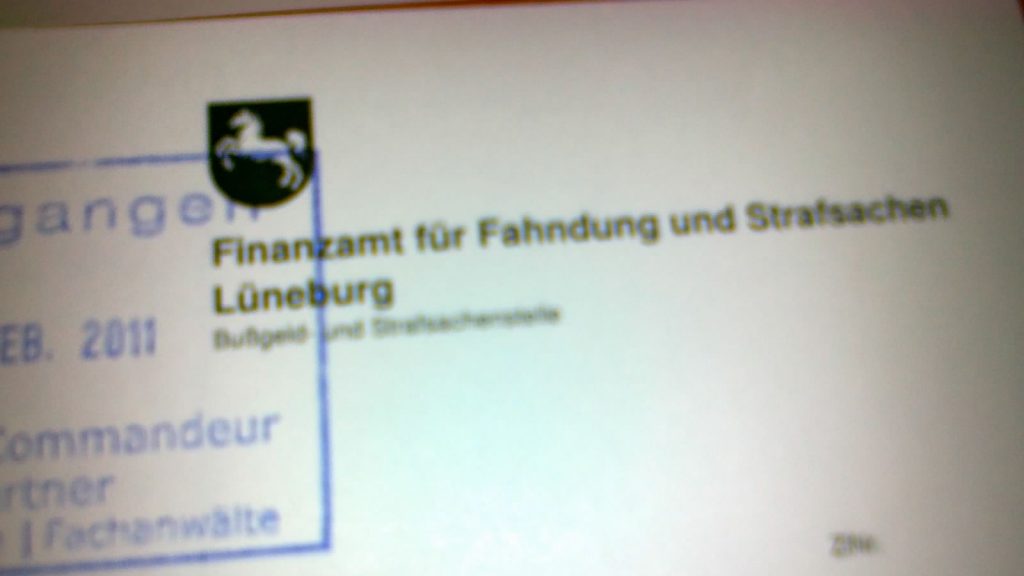 Briefkopf eines Schreibens der Steuerfahndung Lüneburg - Finanzamt für Fahndung und Strafsachen